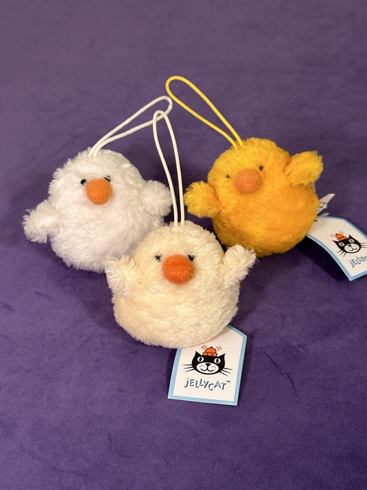 NUOVO pacchetto di 3 pulcini Jellycat Chickadee nuovi con etichette bianco, crema, giallo uccellini rari-