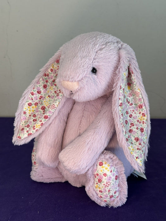 Coniglietto Jellycat Medium Bashful con fiori di gelsomino in pensione raro lilla con fiore coniglio-