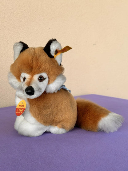 Steiff Snuffi Fox Plush Toy 077227 Retired Tagged 16cm Red Foxy with Blue Bow