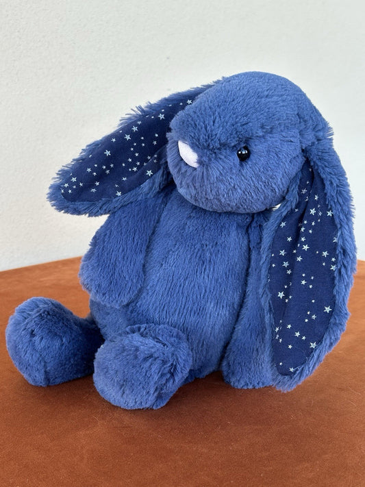 Jellycat Medium Bashful Stardust Bunny nuovo senza etichette blu navy con stelle raro coniglio cm.31-