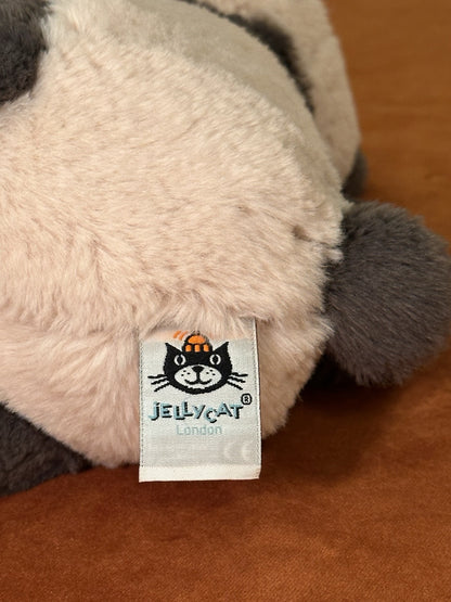 Jellycat Medium Puffles Panda nuovo senza etichette grigio scuro e farina d'avena giocattolo morbido orsacchiotto raro-