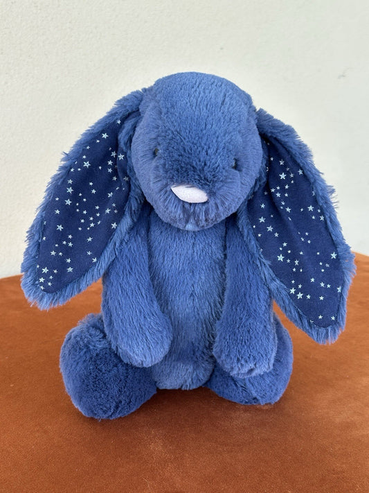 Jellycat Medium Bashful Stardust Bunny nuovo senza etichette blu navy con stelle raro coniglio cm.31-
