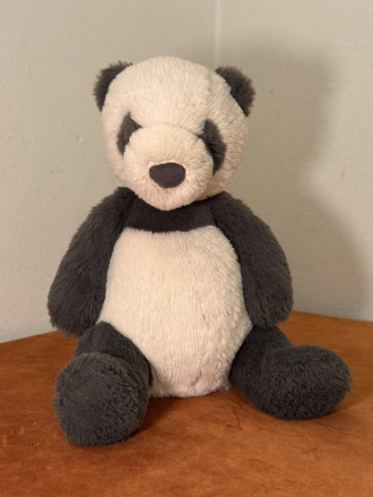 Jellycat Medium Puffles Panda nuovo senza etichette grigio scuro e farina d'avena giocattolo morbido orsacchiotto raro-