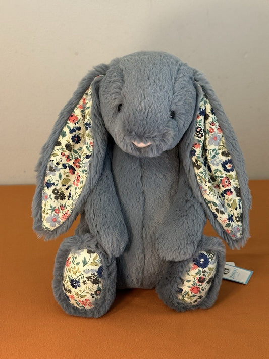 NUOVO coniglietto Jellycat Medium Bashful blu scuro fiori nuovo con etichette ritirato raro coniglio-