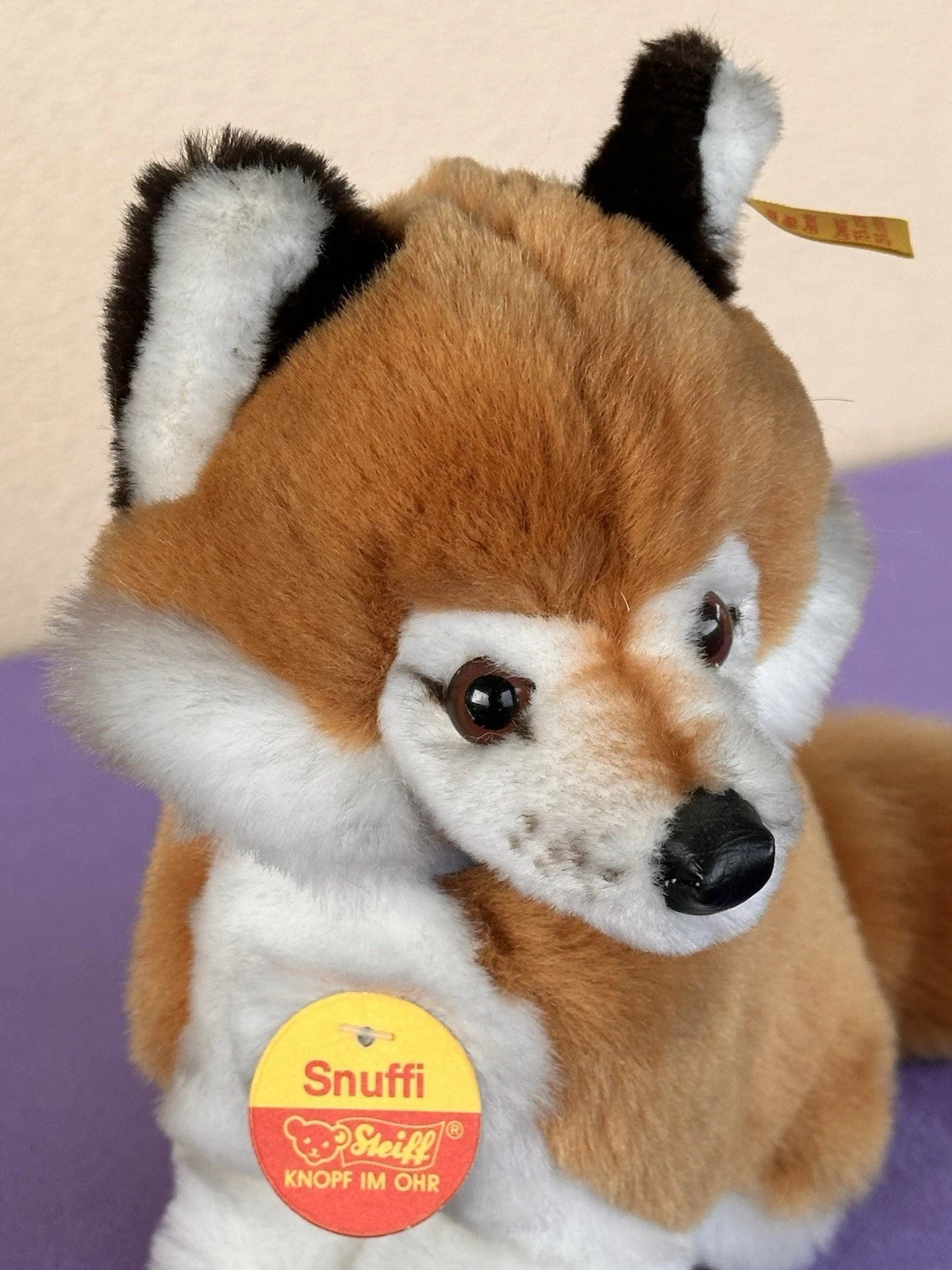 Steiff Snuffi Fox Plush Toy 077227 Retired Tagged 16cm Red Foxy with Blue Bow