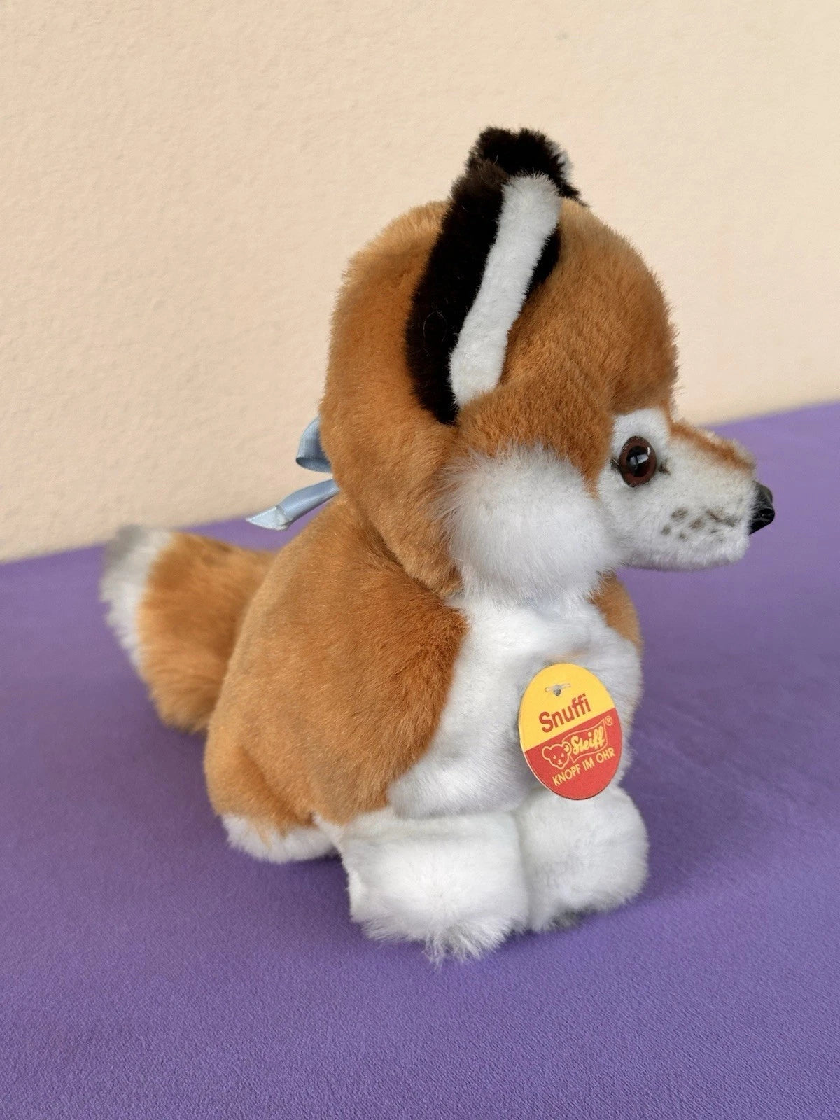 Steiff Snuffi Fox Plush Toy 077227 Retired Tagged 16cm Red Foxy with Blue Bow