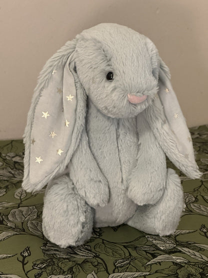 Coniglietto Jellycat Medium Bashful Sparklet nuovo senza etichette verde salvia con stelle argento coniglio-