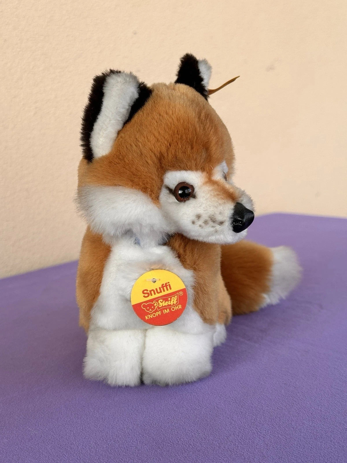 Steiff Snuffi Fox Plush Toy 077227 Retired Tagged 16cm Red Foxy with Blue Bow