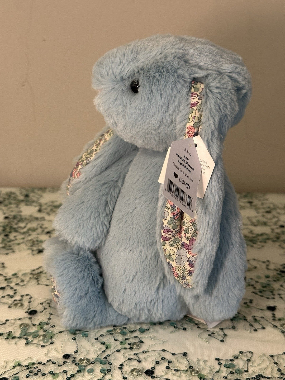 Jellycat Medium Bashful Aqua Blossom coniglietto ritirato raro blu con fiore coniglio-