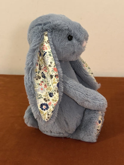 Peluche coniglietto Jellycat Medium Bashful blu scuro fiori nuovo senza etichette coniglio in pensione-