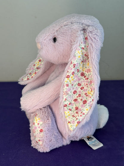 Coniglietto Jellycat Medium Bashful con fiori di gelsomino in pensione raro lilla con fiore coniglio-