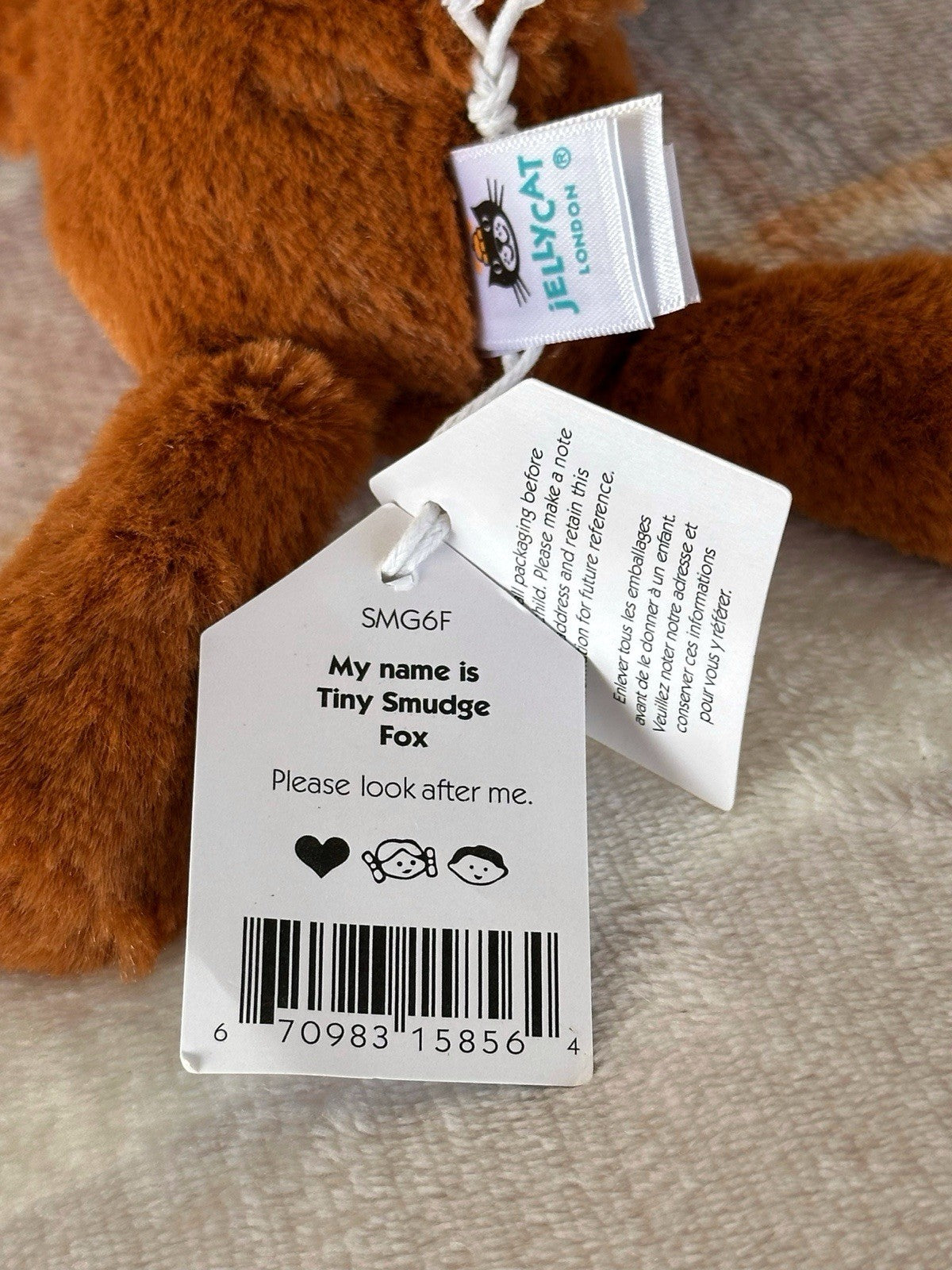 NUOVO peluche Jellycat Tiny Smudge Fox nuovo con etichette bambino volpe rossa sdraiata raro giocattolo morbido ritirato-
