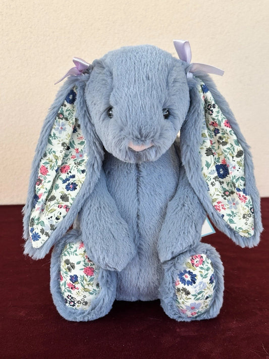NUOVO coniglietto Jellycat Medium Bashful blu scuro fiori nuovo con etichette coniglio in pensione peluche