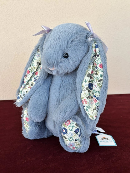 NUOVO coniglietto Jellycat Medium Bashful blu scuro fiori nuovo con etichette coniglio in pensione peluche