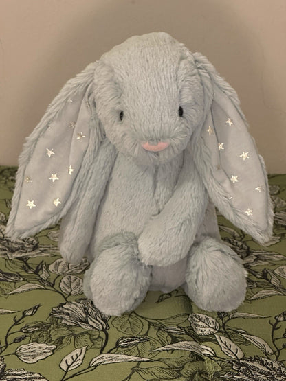Coniglietto Jellycat Medium Bashful Sparklet nuovo senza etichette verde salvia con stelle argento coniglio-