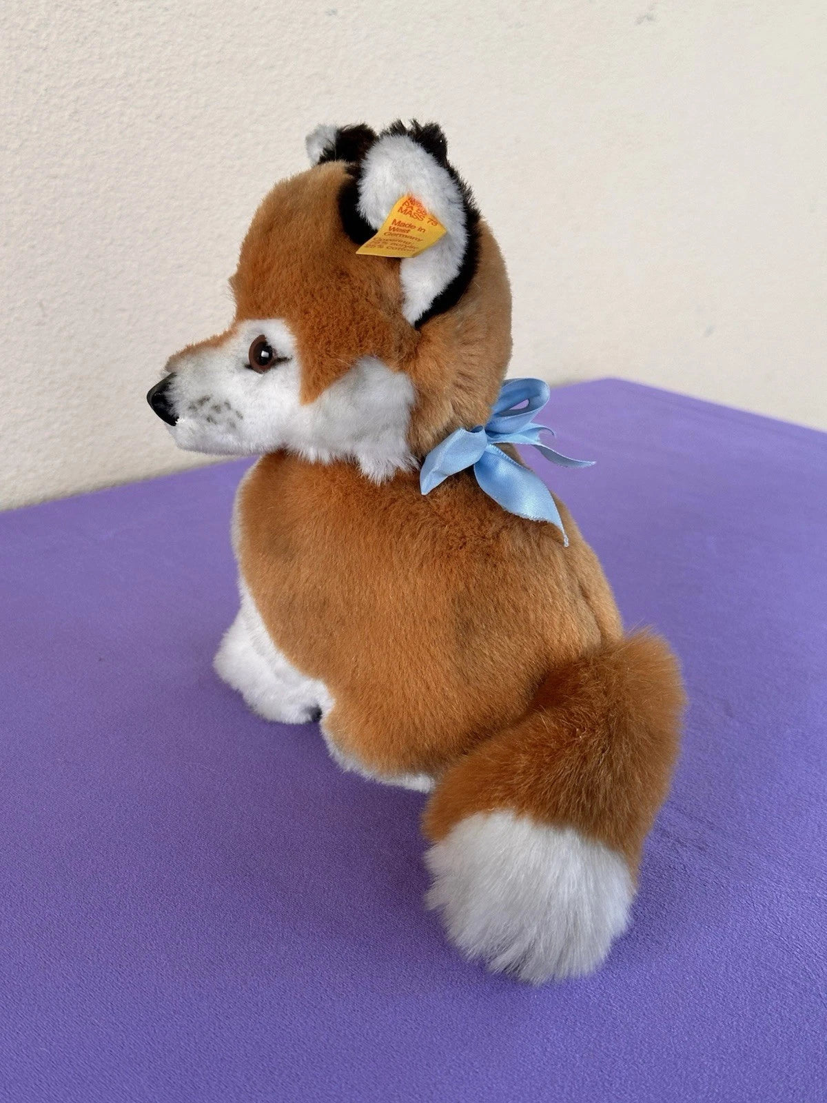 Steiff Snuffi Fox Plush Toy 077227 Retired Tagged 16cm Red Foxy with Blue Bow