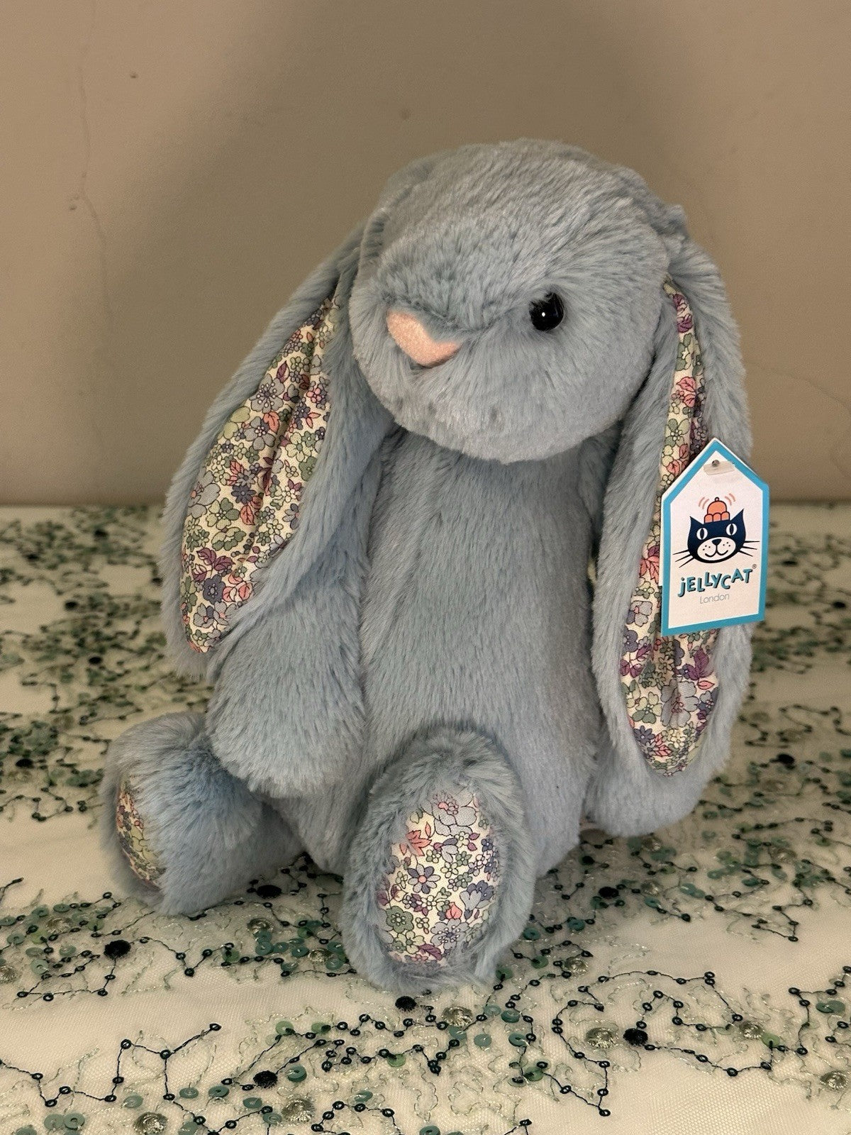Jellycat Medium Bashful Aqua Blossom coniglietto ritirato raro blu con fiore coniglio-