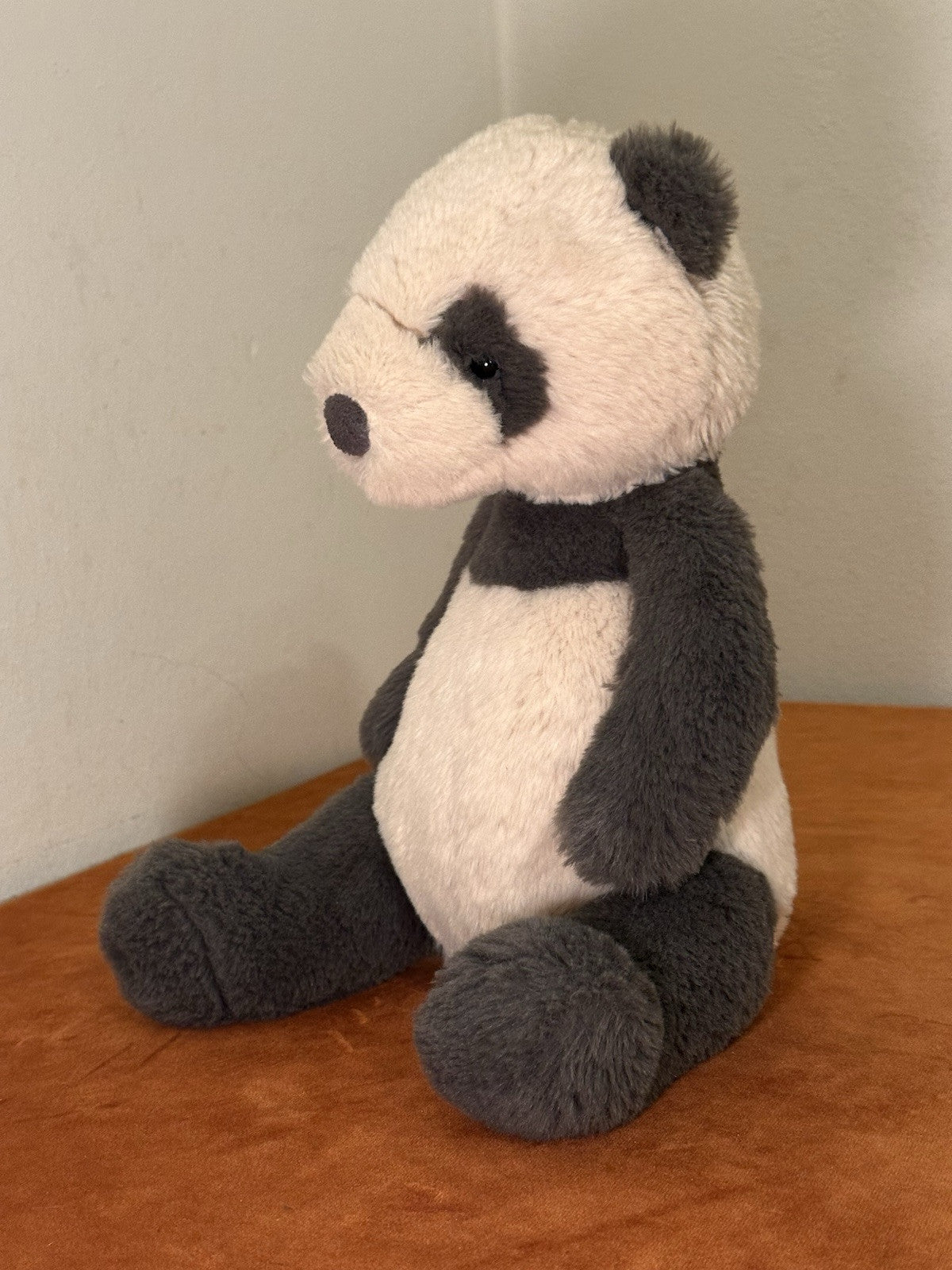 Jellycat Medium Puffles Panda nuovo senza etichette grigio scuro e farina d'avena giocattolo morbido orsacchiotto raro-