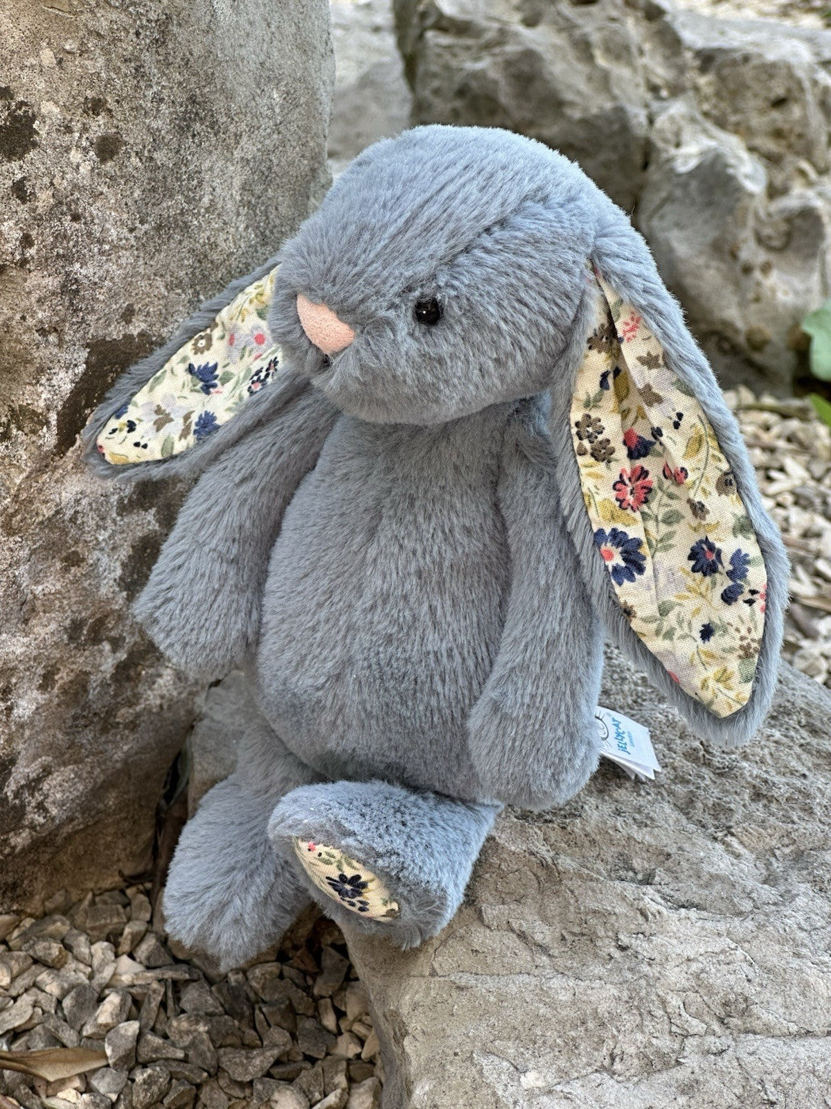 Peluche coniglietto Jellycat piccolo timido blu scuro fiori nuovo senza etichette coniglio in pensione-