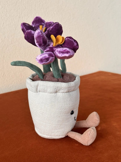 Jellycat Amuseables Crocus pianta nuova senza etichette in vaso rara ritirata fiori viola peluche