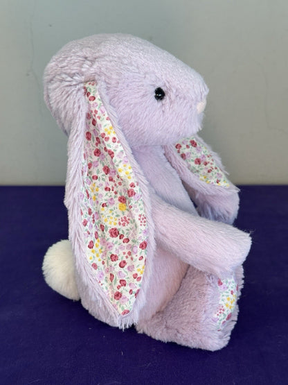 Coniglietto Jellycat Medium Bashful con fiori di gelsomino in pensione raro lilla con fiore coniglio-