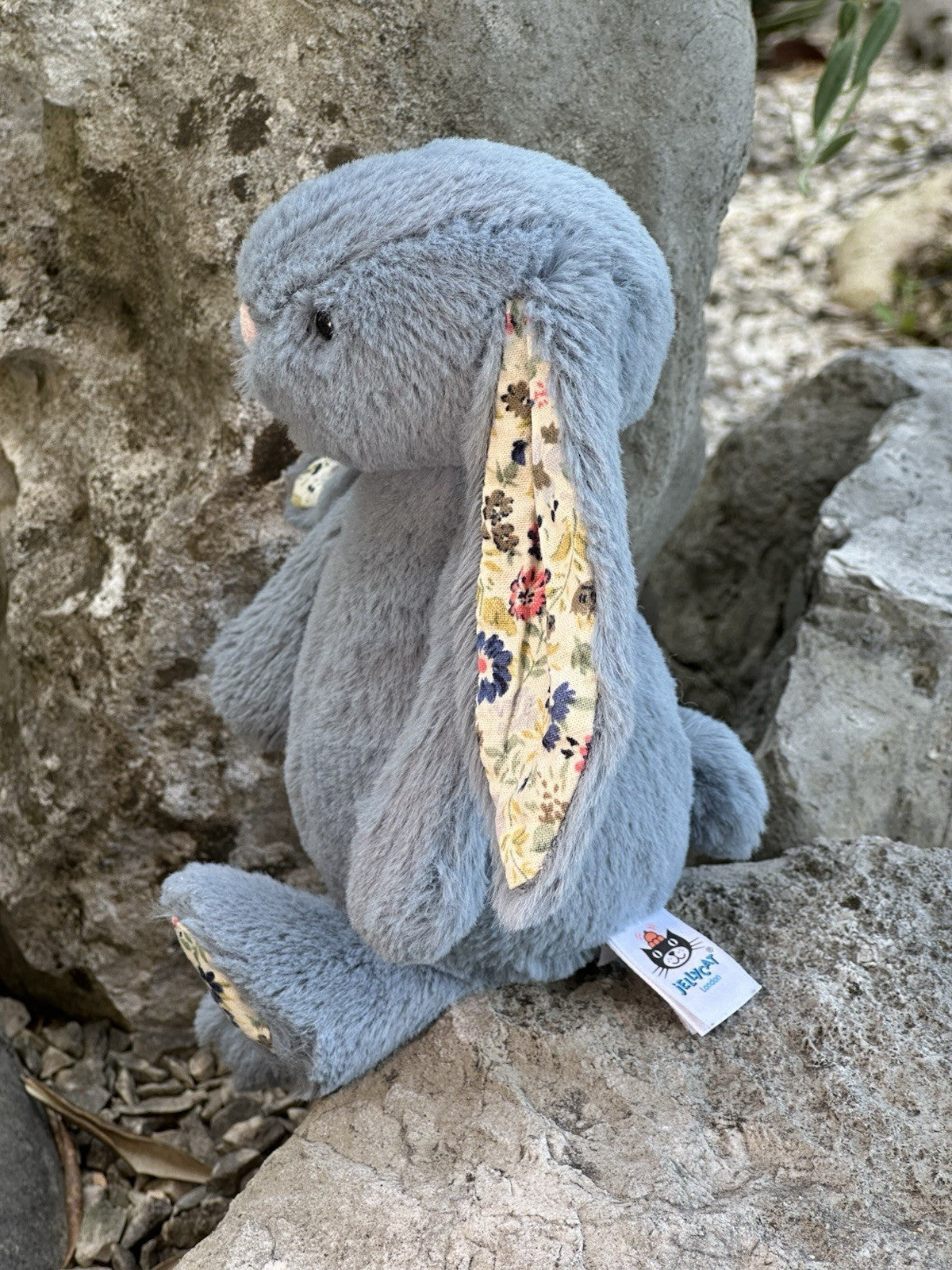 Peluche coniglietto Jellycat piccolo timido blu scuro fiori nuovo senza etichette coniglio in pensione-