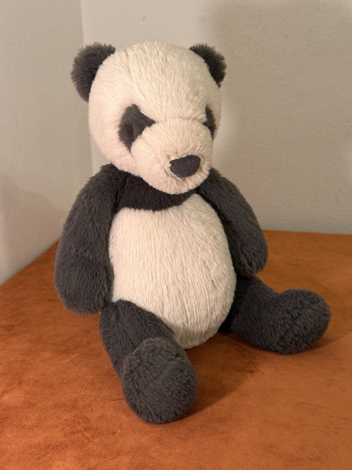 Jellycat Medium Puffles Panda nuovo senza etichette grigio scuro e farina d'avena giocattolo morbido orsacchiotto raro-