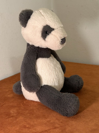 Jellycat Medium Puffles Panda nuovo senza etichette grigio scuro e farina d'avena giocattolo morbido orsacchiotto raro-