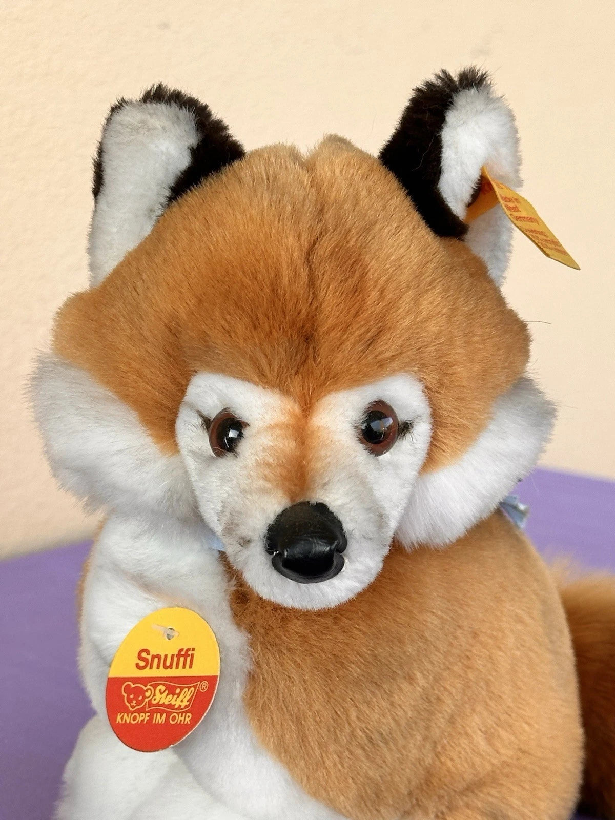 Steiff Snuffi Fox Plush Toy 077227 Retired Tagged 16cm Red Foxy with Blue Bow