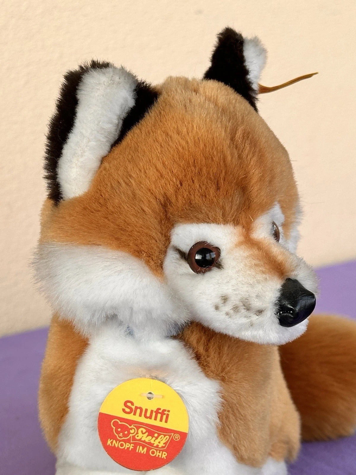 Steiff Snuffi Fox Plush Toy 077227 Retired Tagged 16cm Red Foxy with Blue Bow