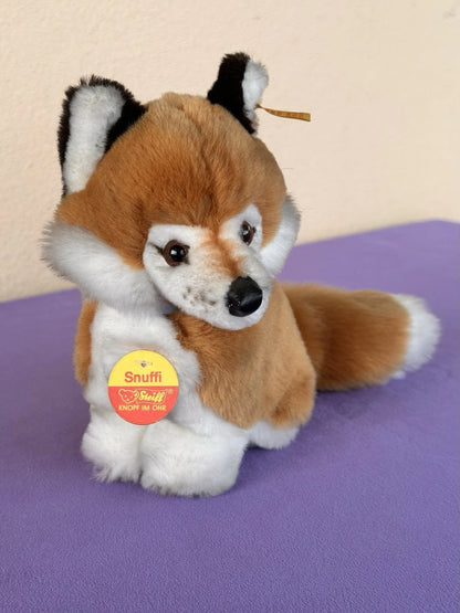Steiff Snuffi Fox Plush Toy 077227 Retired Tagged 16cm Red Foxy with Blue Bow